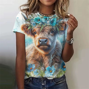 Camiseta con estampado de vaca y burro para mujer, camisetas con estampado 3D de animales y flores, Top de algodón con cuello redondo, moda de verano - Product Image 5