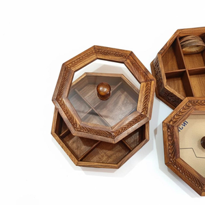 Hand Carved Rosewood Octagonal Spice <b>Box</b> with Glass Lid Handmade <b>Masala</b> Organizer Kitchen Storage Container - Product Image 6