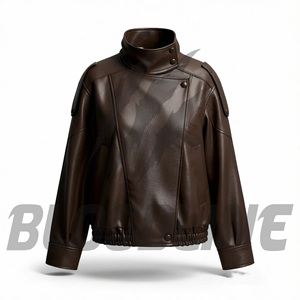 Men's Brown PU <b>Leather</b> Moto <b>Jacket</b> Stand Collar Single Button Closure Regular Fit Autumn Wear - Product Image 1