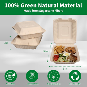 Contenedores de Almuerzo Compostables Resistentes al Agua de 3 Compartimentos con Tapa Tipo Concha, Desechables, Ecológicos, Libres de BPA - Product Image 3