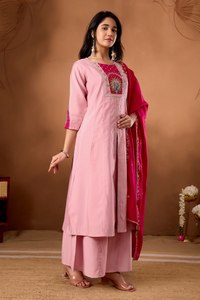 Conjunto Premium de Kurti Anarkali de Seda Romana con Palazzo y Dupatta Bordada |   Ropa Étnica de Diseñador para Mujer |   Exportación al por Mayor - Product Image 1