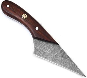 Custom Tactical Damascus Steel Fixed Hunting Camping Knife <b>Drop</b> Point Straight Finger Ring Wood Handle Leather Sheath USA Europe - Product Image 4