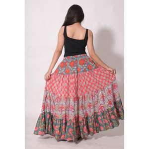 Falda Maxi Boho Floral con Estampado de Bloques de Algodón, Plisada, Hecha a Mano, Estilo Étnico Indio, para Verano - Product Image 4