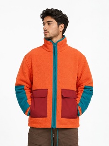 Unisex <b>Orange</b> <b>Fleece</b> Bomber Jacket Coated Front Color Blocking Zipper Closure Turn-down Collar Windproof Casual Autumn Wear - Product Image 1