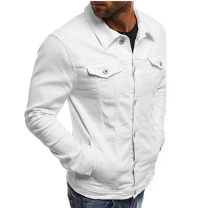<b>Men's</b> Slim Fit <b>White</b> Denim Jacket Vintage Casual Turn-down Collar Regular Sleeve Solid Color Cotton Material Breathable Winter - Product Image 3
