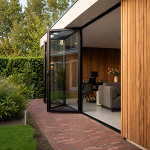 Sistema de Puertas Plegables Corredizas Tipo Acordeón Modernas e Impermeables, Puertas Bi-Plegables de Aluminio con Doble Acristalamiento - Product Image 1