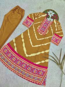 <b>Women</b> Mustard Brown Silk Quick Dry Ethnic <b>Kurti</b> with Tie Dye Floral Embroidered Border Pants Set All Seasons - Product Image 5