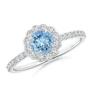 Bague en or pur 14 carats de style vintage, 5 mm, en aquamarine naturelle en forme de fleur, avec accent de diamants pavés, bijoux fins faits à la main, bague de mariage - Product Image 1