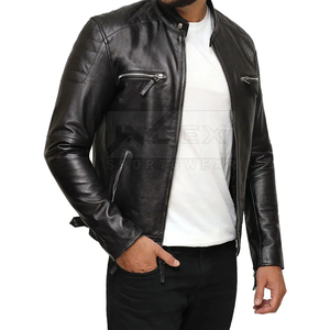 Chaqueta de Motociclista de Cuero Genuino Negro para Hombre, Cierre de Cremallera, Cuello Alto, Color Sólido, para Otoño, Corte Regular, Ajuste Delgado - Product Image 3
