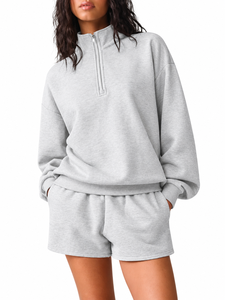 Felpa da donna grigia tinta unita con cappuccio, maniche lunghe, zip, collo alto, vestibilità ampia, in Pakistan. - Product Image 3