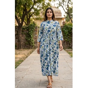 Robe longue en coton imprimé floral bohème, col élégant, coupe évasée, décontractée, pour plage et soirée, vente en gros, exportation - Product Image 1