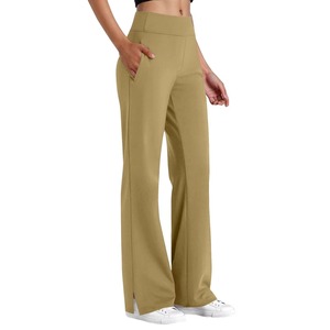 High Waist Full Length Flared Leg Yoga Pants With Pockets Olive Green Elastic Waist Breathable Spandex Nylon Women's <b>Leggings</b> - Product Image 4