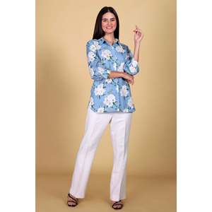 Blusa de Mujer Estilo Bohemio Vintage con Botones, Estampada Floral, Tejida, para Oficina, Verano - Product Image 1