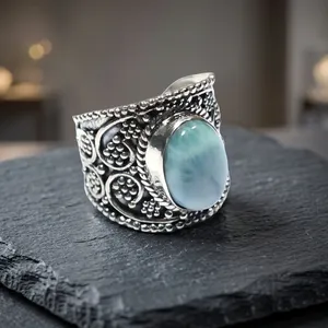 Anillo de Plata de Ley 925 con Larimar Azul Marino, Hecho a Mano, Diseño Bohemio Vintage con Filigrana, Joyería para Mujer - Product Image 5