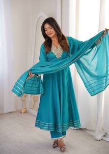 TENNECY New Gown Pair with Embroidered Patch Work Neck and Lace <b>Ankle</b>-Length Party Style ROMAN Material - Product Image 2