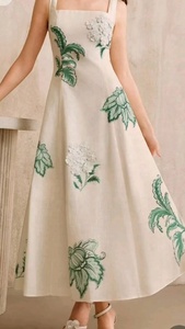 Handcrafted Floral Embroidered <b>White</b> Linen <b>Maxi</b> Dress for Women Square Neck Sleeveless A-Line Summer Party Gown - Product Image 3