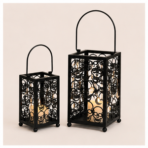 Halloween Decorative Skull <b>Lantern</b> Set Vintage Matte Black Metal Candle Holder with Ornate Cutout Design For Home Party Decor - Product Image 1