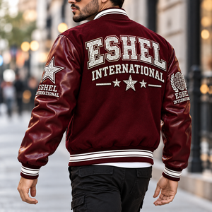 Chaqueta Varsity Borgoña para Hombre, con Mangas de Cuero, Letra Bordada, Botones a Presión, Abrigo Casual de Invierno - Product Image 2