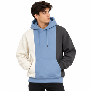 Sweat à capuche oversize pour homme avec trois panneaux verticaux bicolores, cordon de serrage réglable, poche kangourou et poignets côtelés - Product Image 1
