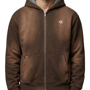 เสื้อฮู้ดผู้ชายปักเพชรทั้งตัว ผ้าฝ้ายฟลีซ ซิปหน้า สไตล์สตรีทแวร์ สีน้ำตาล ผลิตเสื้อผ้าจำนวนมาก - Product Image 4