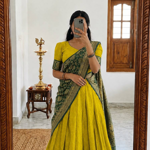 Lichi Silk Jacquard Zari Border <strong>Ready</strong> <strong>to</strong> <strong>Wear</strong> <strong>Lehenga</strong> Choli With Banarasi Dupatta Full Stitched Half <strong>Saree</strong> By Royal Export - Product Image 2