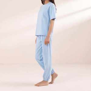 Comfortable 100% Organic Cotton Two Piece Women's Sleeping Suit Set Custom Logo Plain Oversized T Shirt And Pajama Set - Product Image 2