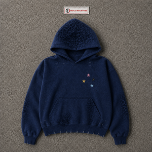 Sweat à capuche oversize bleu marine vieilli avec broderie étoile multicolore, motif léopard ton sur ton, lavage vintage, style streetwear - Product Image 5