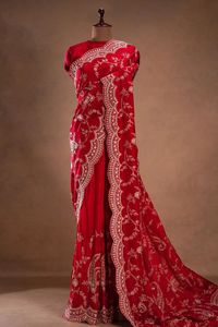 Sari Rojo Real para Novia con Bordado Intenso, Sari de Diseño para Bodas y Fiestas Indias para Mujer - Product Image 2