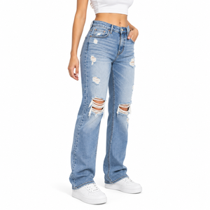 Jeans en denim pour femmes avec logo personnalisé, style chic Y2K, streetwear, coupe large, déchirés, taille haute, effet usé, pantalon en denim pour femmes - Product Image 3
