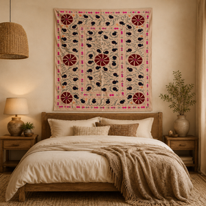 Drap de lit en coton brodé Suzani traditionnel, rouge multicolore, floral, fait main, style bohème, couvre-lit artisanal indien, décoration ethnique pour la maison - Product Image 2