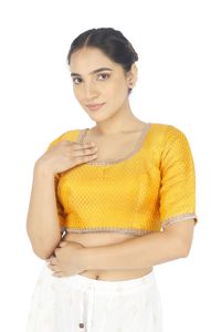 <b>Yellow</b> Embroidered Daily Solid Silk <b>Crop</b> <b>Top</b> Blouse Woven Scoop Neck Short Sleeve Festive Women's Wedding Blouse - Product Image 2