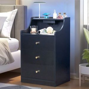 FCH 45*35*73cm Three Drawers <b>Bedside</b> <b>Table</b> <b>Black</b> Particleboard Triamine Matt Gold Tapered Handle 1 Wire Nightstands Compartments - Product Image 1
