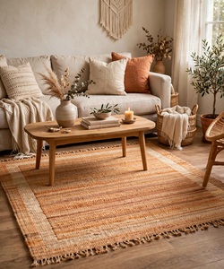 Tapis en jute terracotta avec bordure et pompons - Tapis bohème tissé à la main en orange chaud pour salon Majlis - Product Image 2