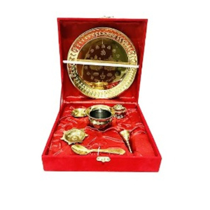 Ensemble de thali en laiton plaqué or artisanal traditionnel pour le temple familial, le mandir, Diwali et les mariages au prix le plus bas - Product Image 1