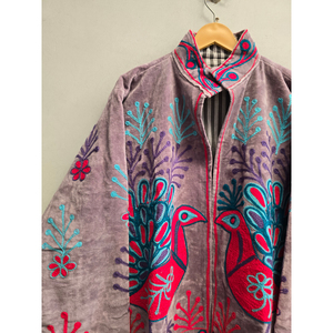 Veste courte zippée pour femme, col mandarin, manches chauve-souris, motif animal brodé, style Prairie Chic - Product Image 2