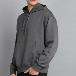Sweat-shirt à capuche oversize noir pour homme, manches régulières, couleur unie, avec poches, style décontracté, en coton tricoté French Terry, automne - Product Image 5