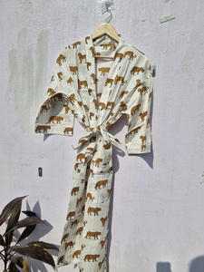 Bata de casa de algodón puro con estampado indio, kimono de verano, pareo de playa/ropa cómoda para embarazadas |   Leopa con Rayas Rosa y Amarillo Mostaza Fresco - Product Image 2