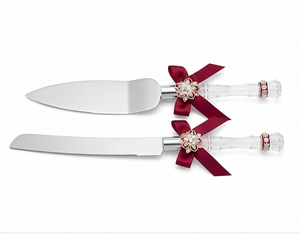 Elegant Cake Knife Set With Crystal Flower Handle And Red <b>Ribbon</b> Decor 2-Piece Stainless Steel Cake Server For <b>Wedding</b> Events - Product Image 1