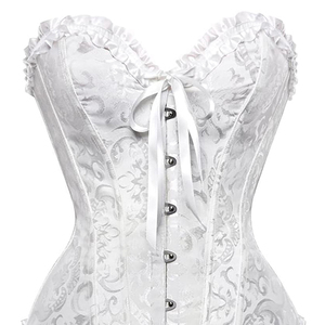 Corsé de satén brocado blanco estilo gótico para mujer con volantes, ojales metálicos, cordones y control medio transpirable - Product Image 4