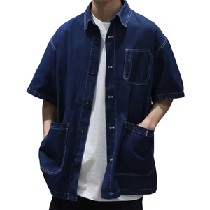 Chemises en jean amples à manches courtes pour hommes, style veste de travail oversize, en indigo brut, épaules tombantes, 100 % coton, écologiques - Product Image 3