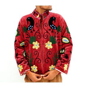 Red Velvet Knitted Cotton Fleece Jacket with Hand Embroidered Floral Pattern Full Sleeve Mandarin Collar Open <b>Stitch</b> Winter Wear - Product Image 2