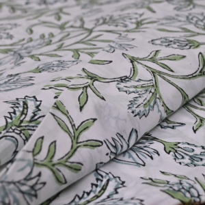 Traditional White Green Floral Hand Block Printed Cotton <b>Fabric</b> Soft Leafy Vine Design for Fashion Garments Decor - Product Image 6