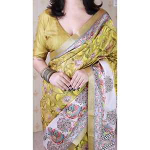 Madhubani Fusion Printed Saree <b>Gold</b> Tussar Silk with Zari Woven Border Traditional Indian <b>Scarf</b> & Shawl - Product Image 5