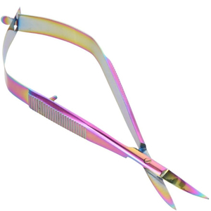 Ciseaux à cuticules à ressort pour droitiers, en acier inoxydable, courbés, haute performance, finition arc-en-ciel, design auto-ouvrant, pour nail art - Product Image 1