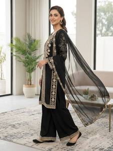 Emerald Green and <b>Black</b> Embroidered <b>Pakistani</b> Suit Women Traditional Wedding Wear Floor Length Loose Fit Polyester <b>Dress</b> Set - Product Image 6