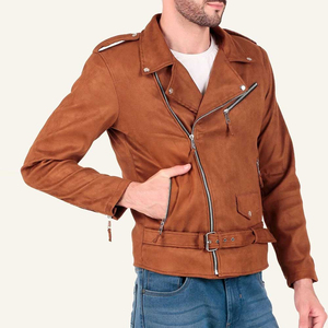 Customizable Brown Bomber Suede <b>Leather</b> <b>Jacket</b> for Men Stand Collar Zipper Closure Casual Fashion Plain Dyed Technique - Product Image 3
