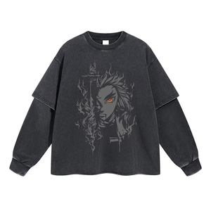 Men's Oversized Black <b>Long</b> Sleeve T-<b>Shirt</b> O-Neck Streetwear Graphic Flame Samurai <b>Tee</b> for reasonable prices - Product Image 1