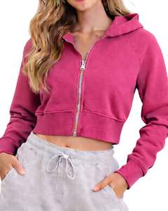Sudadera con capucha corta personalizada para mujer, con cremallera, manga larga, informal, de felpa suave, estilo urbano, color rosa, para otoño e invierno. - Product Image 1