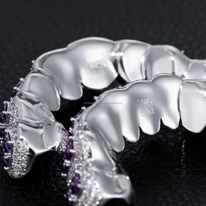 Deslumbrante corte esmeralda púrpura y redondo helado Hiphop Grillz personalizado para dientes 925 plata esterlina Buss Down Moissanite Grillz - Product Image 4
