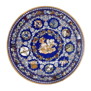 Tablero de mesa de comedor redondo de mármol negro, diseño exclusivo y antiguo, con acabado de alta calidad y incrustaciones pulidas, hecho en India. - Product Image 3